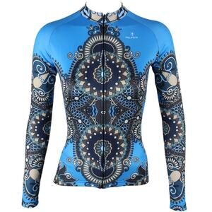 PALADIN blue tan ornate cycling stretch multi pocket zip front top jersey